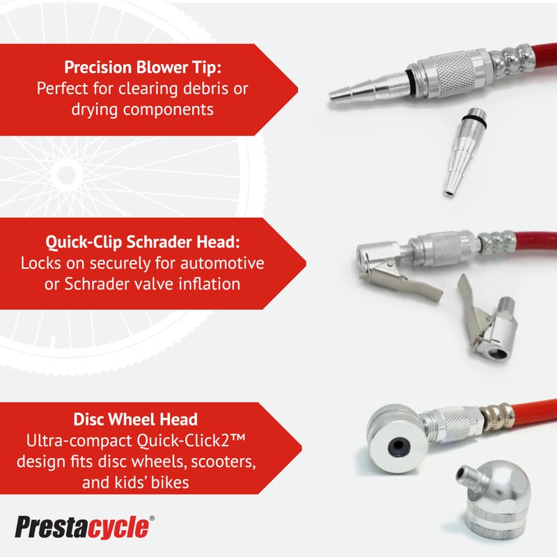 Prestacycle Prestaflator Multipurpose Bicycle Tire Inflation Tool â€“ Presta & Schrader Air Compressor Tool with QuickClickâ„¢ Heads, Steel Gauge, Variable-Rate Trigger, and High-Flex Hose - Image 3